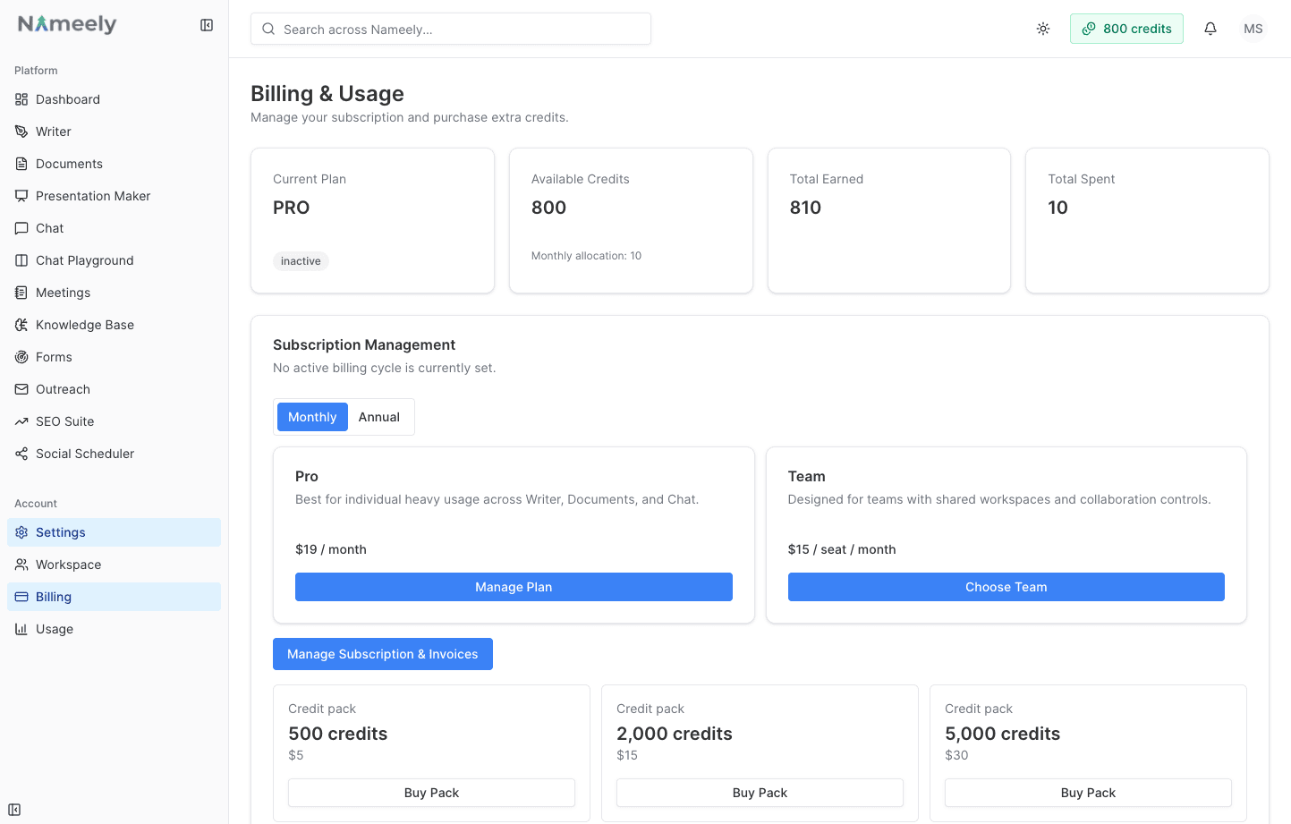 Nameely dashboard screenshot